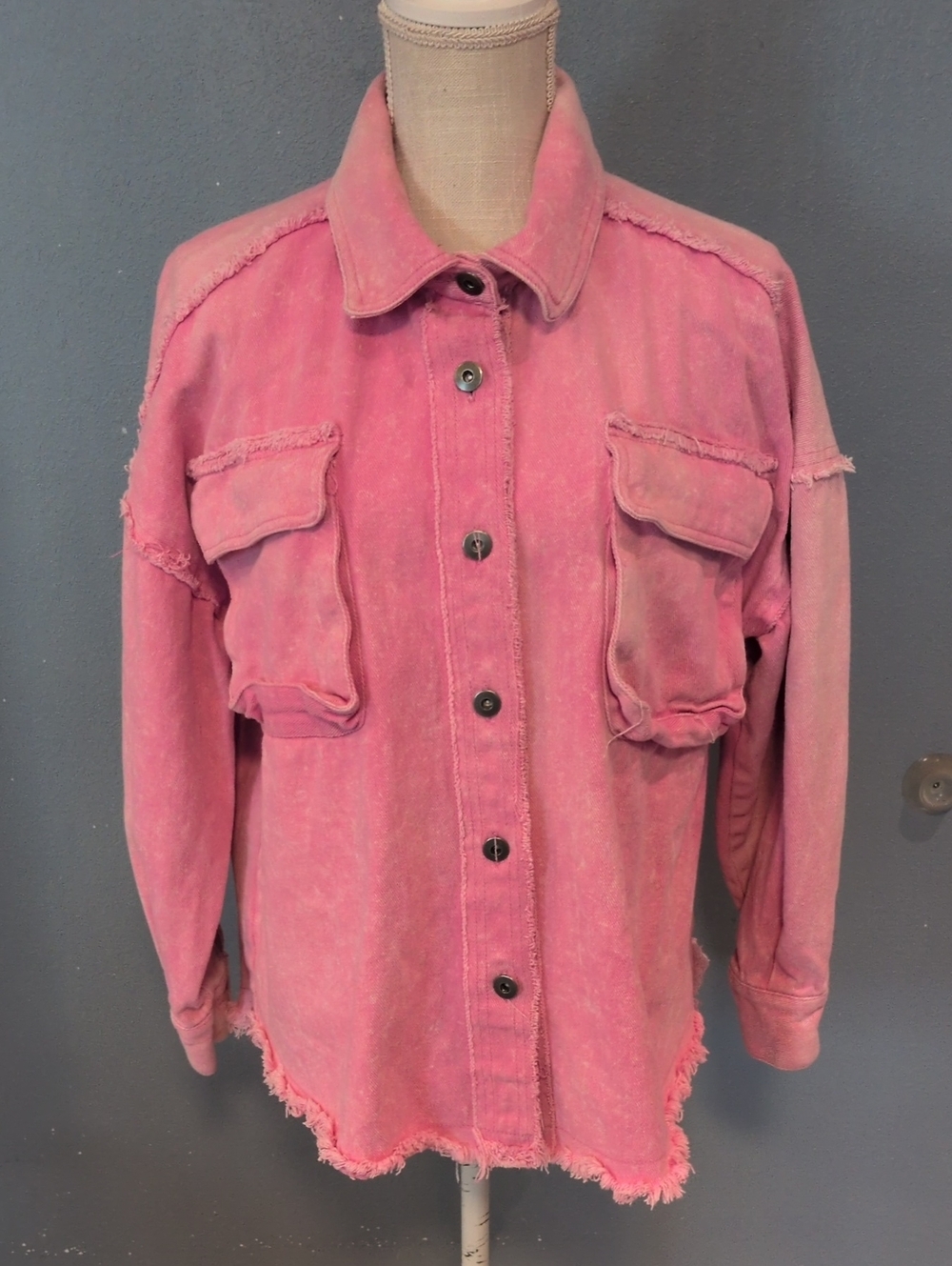 New In Pastel Pink Denim 100% Cotton Distressed Grunge Sun Faded Raw Hem Jacket